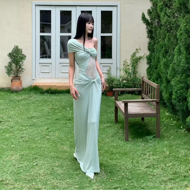 Purely Alluring Resort-Style Green Dress with a Unique Design, One-Shoulder Twist, Lace Patchwork, and Sexy Long Dress for Women