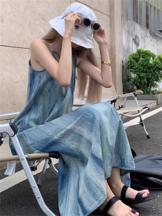 French-style Halting dress Women's Summer 2025 New Loose Lazy Niche Chic Blue Long Dress Trendy