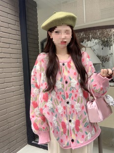 Feeling super good-looking lazy style sweater women's autumn and winter new plus size sweet flower pink knitted coat