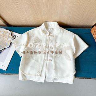 2025 Summer New Boys' New Chinese Fake Two-piece Short-sleeved Shirt Children's Baby White Embroidered Design Shirt