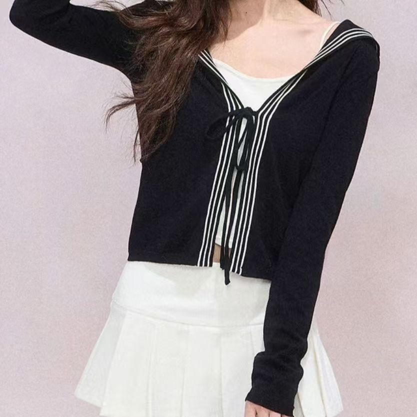 Navy striped knitted cardigan for women, autumn long-sleeve tie-up college style top, black and pink thin coat