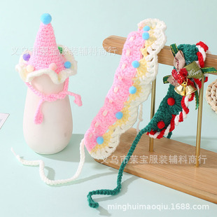 Pet New Year Decorative Knitted Collar Handmade Wool Knitted Cat Bib Small Dog Bell Bib Wholesale