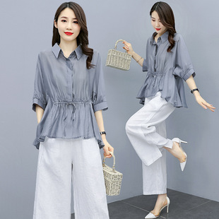 Fashion Cotton and Linen Suit Women's Summer New Elegant Age-reducing Tencel Top Linen Wide Leg Pants Two-piece Thin Set