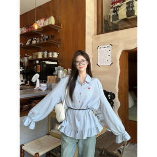 Love Embroidered Long-sleeved Shirt Women's Early Autumn New Korean Style Sweet Design Sense Ruffled Stitching Age-reducing Top Trendy