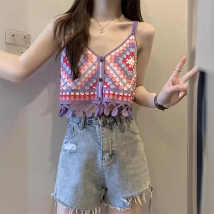 Live Thai Spice Girl Crochet Hollow Knitted Camisole Women's Summer Sexy Outer Wear Short Top Cardigan