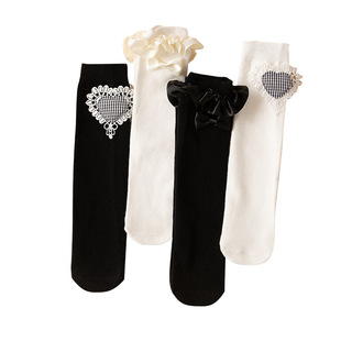 Girls' mid-length stockings spring and autumn Lolita lace bow love JK style calf socks cotton children's stockings