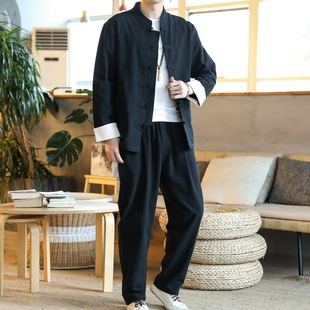 Весенний и летний новый национальный костюм Hanfu с длинными рукавами брюки костюм мужской китайский стиль ретро костюм Tang пряжка рубашка