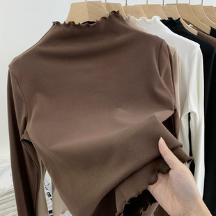 Women's Double-Sided Fleece Semi-High Collar Base Shirt Autumn and Winter New Style Slim-Fit Stacked Wear with Wood-Ear Edge