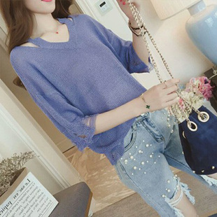 Summer Women's Hollow-hole V-neck Pullover Student Top Ice Silk Knitted Small Shirt Loose Mid-sleeve T-shirt chic Blouse