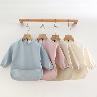 Danish Children's Long Sleeve pu Anti-Dressing Baby's Dining Clothes Bib Super Soft Waterproof Solid Color Rice Pocket Anti-Dirty Feeding Clothes