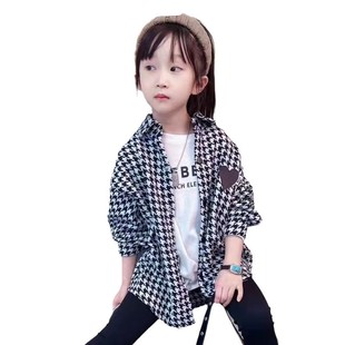 Houndstooth Girls' Spring and Autumn Coat 2025 New Style Children's Autumn Stylish Fashionable Plaid Shirt Cardigan