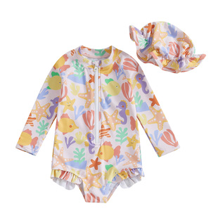 20254 Summer Swimwear Korean Style Girls' Sunscreen Long-Sleeved Quick-Dry Printed Ins Style Baby Toddler's Swimwear for Children