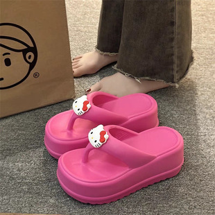 Cute KT Cat Thick-soled Flip Flops Women's Seaside Beach Shoes 2024 New Thong Wedge Slippers Sandals