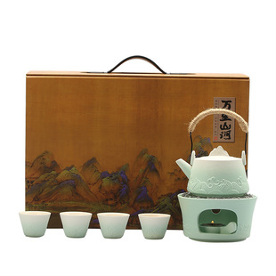 Beam Pot kung fu tea set suit household tea warmer candle heating base stoneware tea warmer gift box