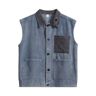 Boys Color-block Lapel Denim Vest Autumn Coat Trendy Brand Ins Hong Kong Style Loose Stitching Pocket Waistcoat Vest