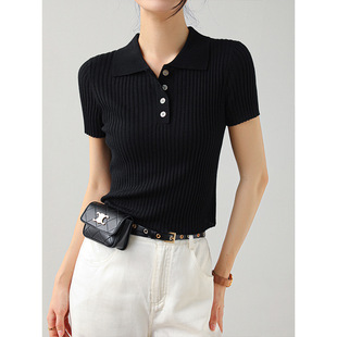 POLO Collar Slim ShorT-sleeved KniTwear for Women Summer Thin Pullover for Inner Wear and OuTer Wear ShorT T-shirT BoTToming Top Blue