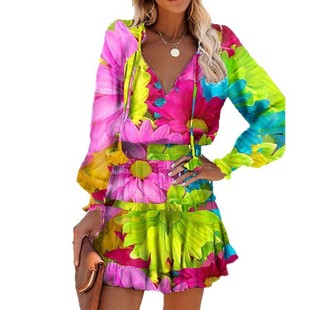 2025 Summer Cross-Border Women's European and American Autum New Style Personalized Colorful Printed V Neck Waist Pleated Dress 661