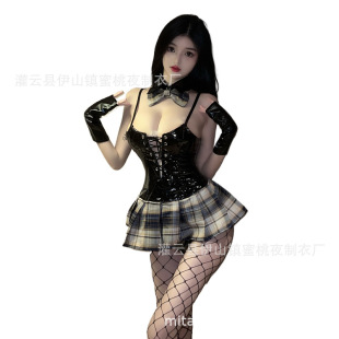 Sexy Underwear Hot Hollow College Style Plaid Skirt Student Dress Temptation PU Patent Leather Bunny Role Play