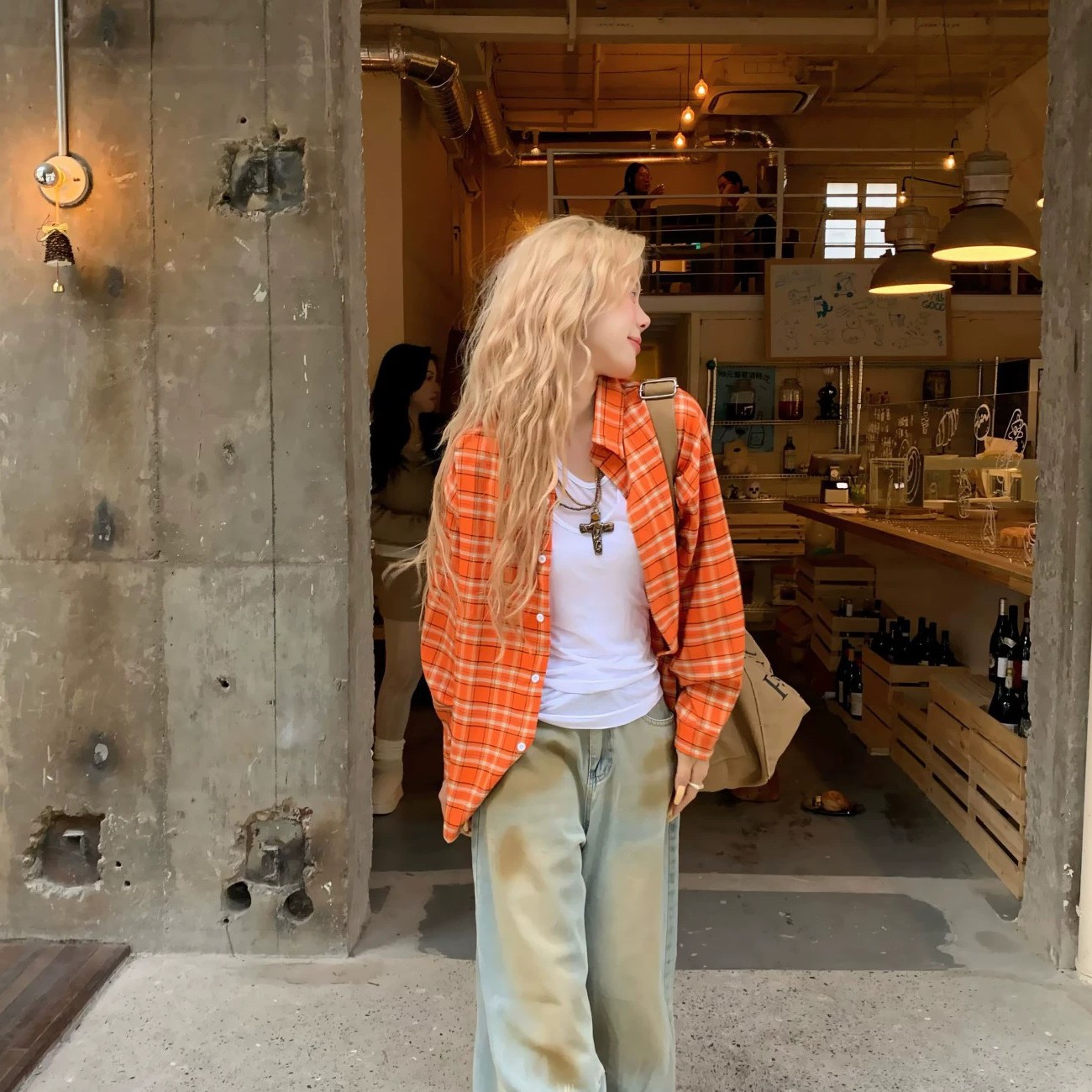 American Retro Orange Plaid Long-Sleeved Shirt for Women Spring & Fall Niche Design Loose Casual Sun Protection Couple Jacket