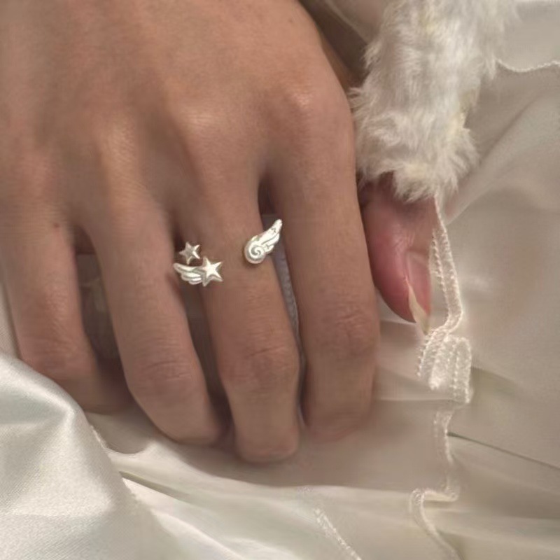 White Angel Star Wings Ring for Women, Niche Design, Sweet and Cool Girl Style, Cute Adjustable Open Ring for Index Finger