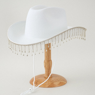 Men's and Women's Western Denim Hat Metal Rhinestone Tassel Decorative Hat All-Match Engagement Honeymoon Top Hat