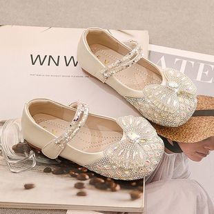 Genuine Leather Girl Princess Shoes 2024 Spring and Autumn New Children's Shoes Soft Sole Girl Baby Crystal Shoes Girl Small Leather Shoes