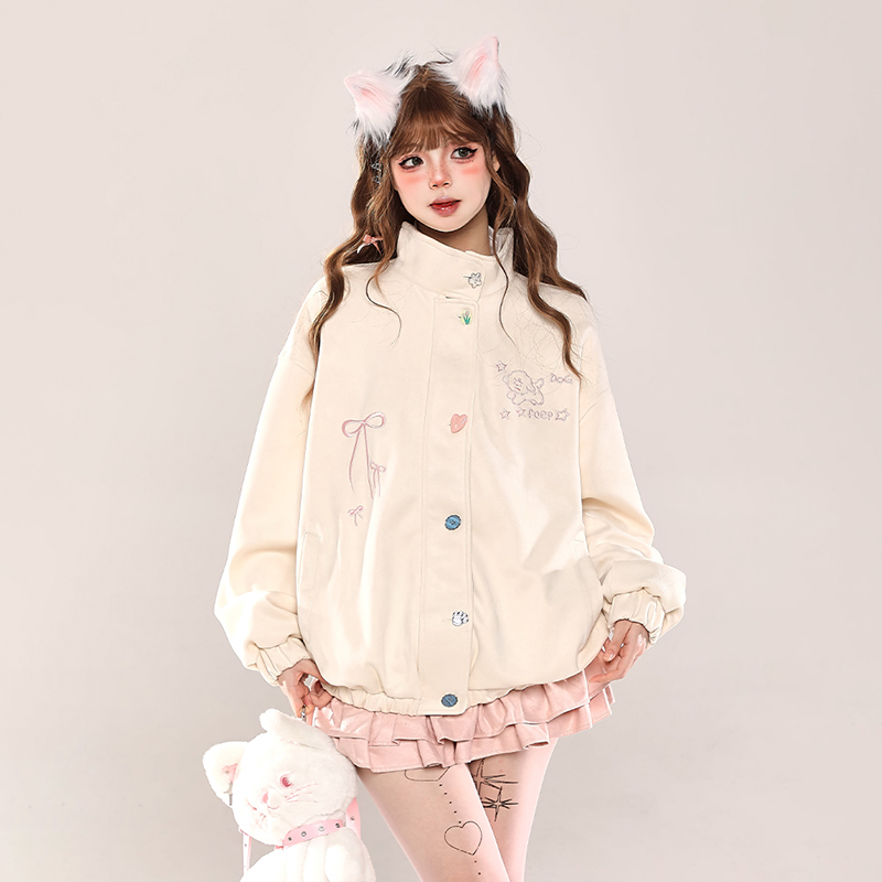 Super Cute Cartoon Embroidered Jacket for Women, Spring and Autumn American Style, Sweet Versatile Loose Student Baseball Jacket