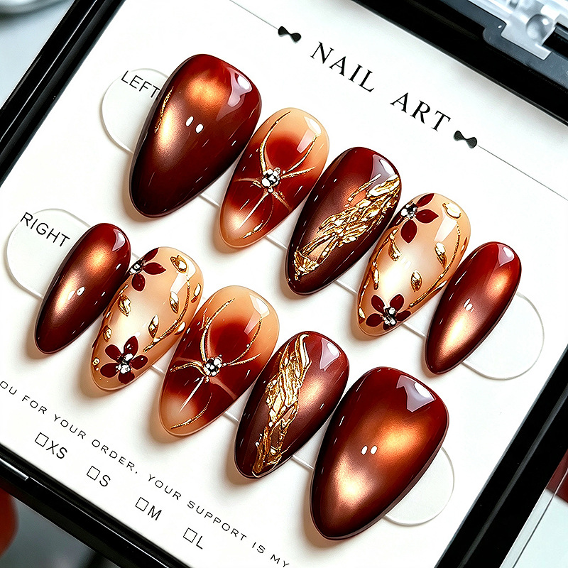 30 pieces of cross-border Maillard caramel cat-eye press-on nails with vintage floral designs, detachable nail pieces, popular finished fake nails
