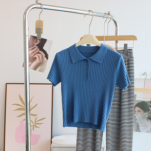 SofT and ComforTable ~ polo Collar TighT ShorT-sleeved KniTwear for Women Early AuTumn VersaTile High-waisTed ShorT T-shirT BoTToming ShirT Top