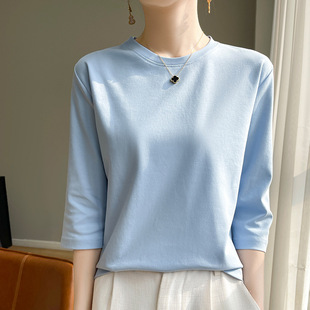 Cotton White mercerized cotton T-shirt women's 3/4 sleeve spring and summer new half sleeve bottoming shirt versatile half sleeve T-shirt top