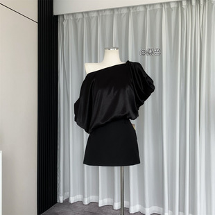 Like Jennie Bubble Satin Design Slanted Shoulder Top Women's New Summer Outer Wear Versatile Shirt 8251