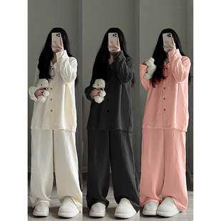 Korean-style Solid Color Double-layer Cotton Yarn Long-sleeved Pajamas Women's Spring and Autumn New Cotton Home Clothes Large Size Outfit