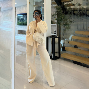 T090 cross border women's autumn and winter elegant solid color long sleeve lace cardigan top elastic waist bag straight pants suit