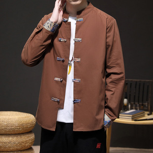 Coat Chinese Men's Long Sleeve Shirt with Vertical Collar Chinese Tunic Suit with Buckle Chinese Men's Tang Suit Vintage Shirt Top Men's