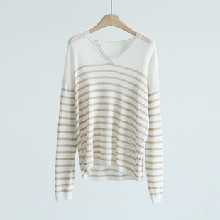 2025 Feihe Spring and Summer Knitted Scissors Round Neck Striped Top New Fashion Loose Slim Breathable Blouse