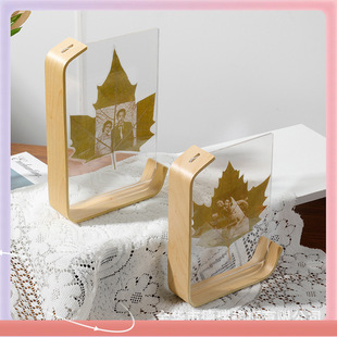 ➺ L-Shaped Leaf Carving Double-Sided Acrylic Photo Frame Creative Photo Frame Table Solid Wood Desktop Ornaments Plant Specimens Wholesale