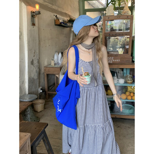 Fat Qiqi Slight Fat Korean Style Retro Elegant Tight Waist Slimming Plaid Sling dress Seaside Holiday Ankle Long Dress