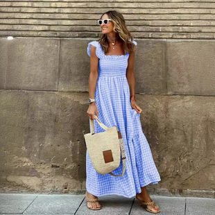 New 2024 Summer Elegant Style Women's Acrylic Suspender One-neck Oversized Swing Skirt Dress