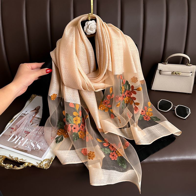 Spring and Autumn New Beaded Imitation Silk Scarf for Women Elegant and Versatile Embroidered Begonia Flower Long Scarf Summer Sunscreen Gauze Scarf
