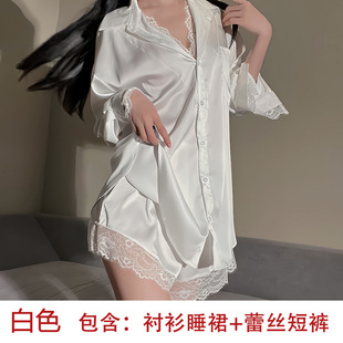 Zi Fun Boyfriend Style Shirt Sexy plus size Pajamas Pure Desire Women's Thin Lace Fake Two-piece Nightdress Home Clothes 6413