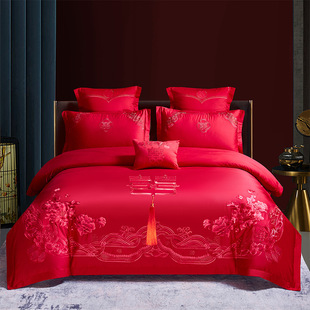 High-grade Chinese embroidery wedding four-piece red cotton quilt cover high-grade festive wedding bedding wholesale