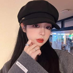 Hat Women's Autumn and Winter Face-Showing Small Black Octagonal Hat K-Style Trendy 2024 New Versatile Painter Hat Duck Tongue Beret