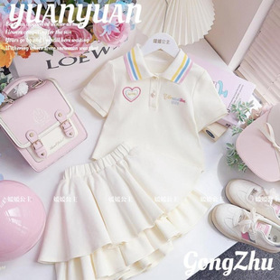 Girls' Solid Color Korean-style Polo Collar Summer suit Middle and Big Children's Pleated Skirt Simple Short-sleeved Top Pants Two-piece Set