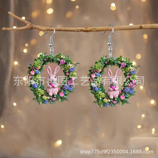 Charming Acrylic Bunny with wreath earrings for holiday party and Easter celebration gift decorations