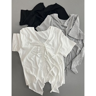 Special Atmosphere Style Full Wrinkled Ear T-shirt Round Neck Casual Short Sleeve Solid Color Summer New Style Women