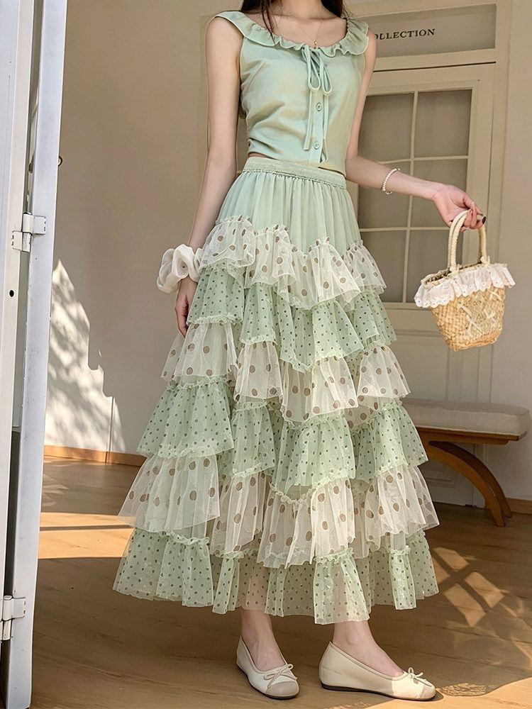 Heavy-Duty Patchwork Polka Dot Mesh Cake Skirt, Women's Summer New Slimming Long Skirt, Half Skirt, Umbrella Skirt