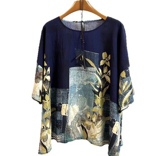 2025 Xia Xin Imitation Ramie Crewneck Pullover T-shirt Loose Printed plus size Meat Covering T-shirt