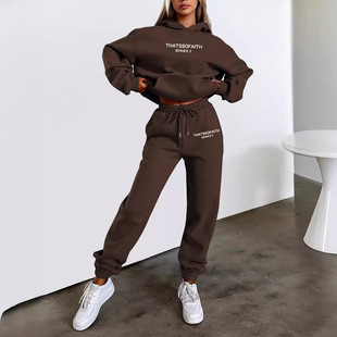 European and American Amazon Explosions Women's Letters Printed Hoodie Fashion Casual Grab Hair Pants suit