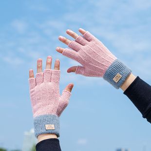 Imitation Alpaca Knitted Touch Screen Gloves for Women in Autumn and Winter Warm Half-Finger Outdoor Anti-Freeze Fleece-Lined Thickeneded Korean Version