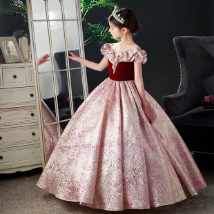 Red children's host dress female catwalk birthday piano performance dress princess dress girl dress small model